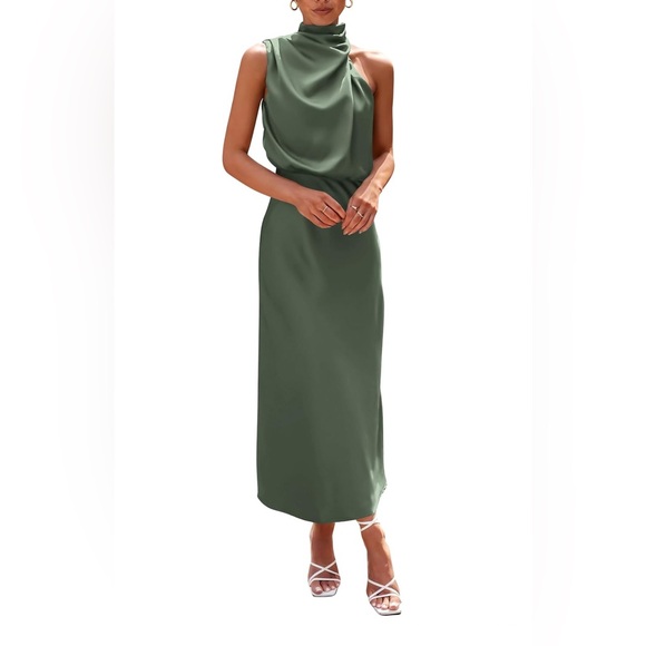 PRETTYGARDEN 2025 Satin Dress Elegant Sleeveless Mock Neck Cocktail Party Dress - Picture 1 of 7